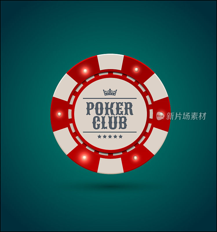 矢量红白赌场扑克芯片发光的光元素。蓝色的绿色背景。扑克俱乐部文本，21点或在线赌场横幅，eps 10